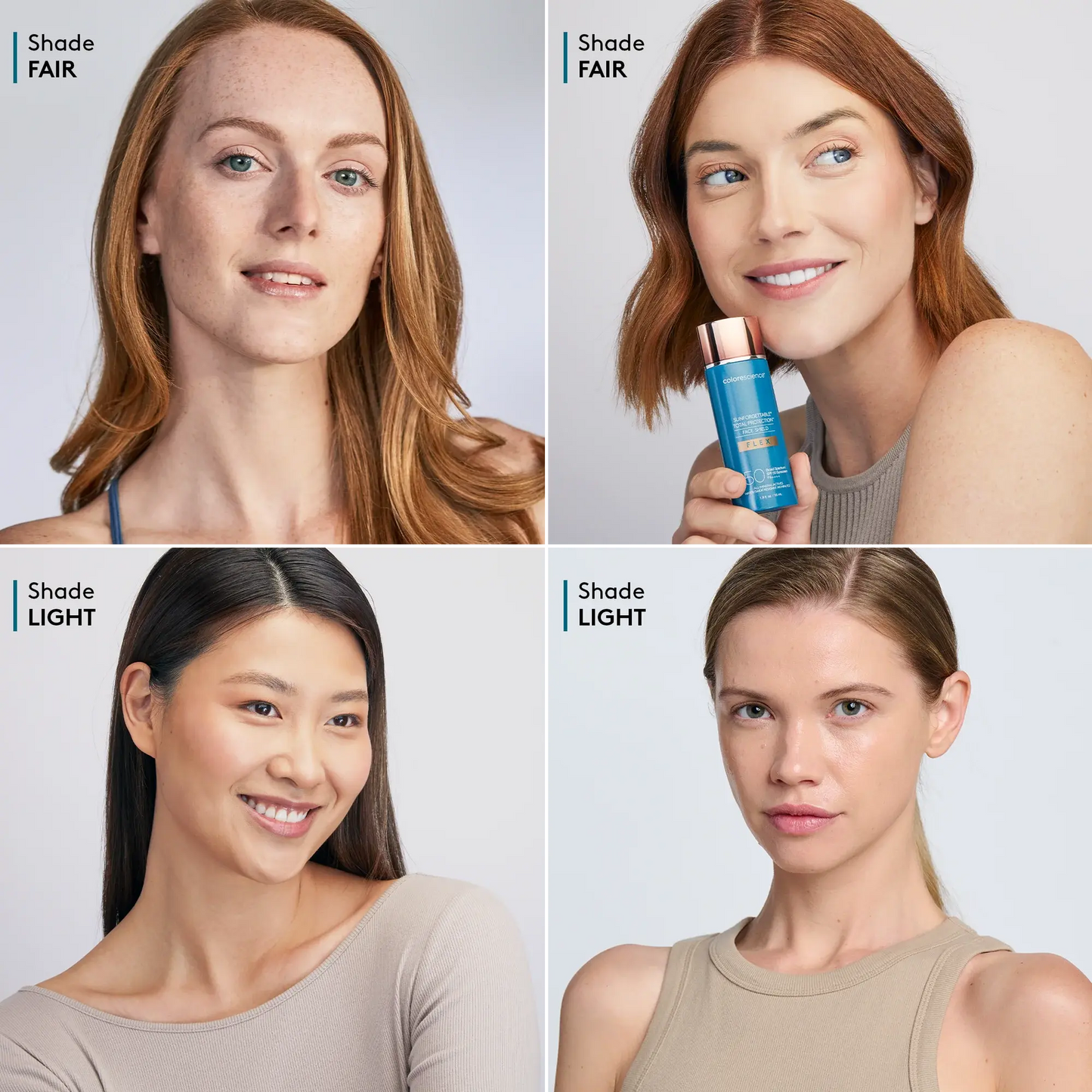 Four women with different skin tones holding a skincare product, with text indicating 'Shade Fair' and 'Shade Light'.