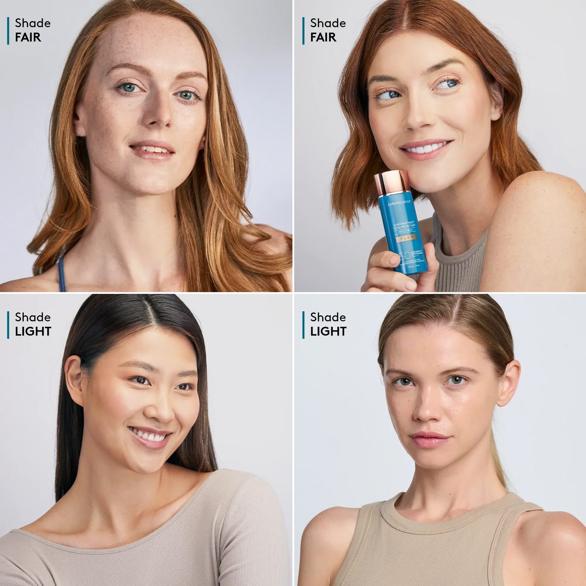 Four women with different skin tones holding a skincare product, with text indicating 'Shade Fair' and 'Shade Light'.