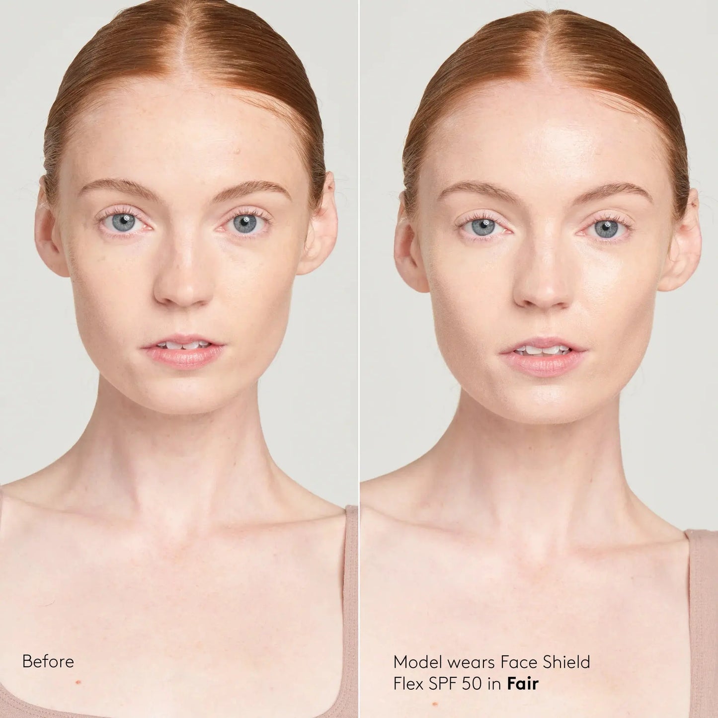 Before and after comparison of a model wearing a Face Shield Flex SPF 50 in Fair color.