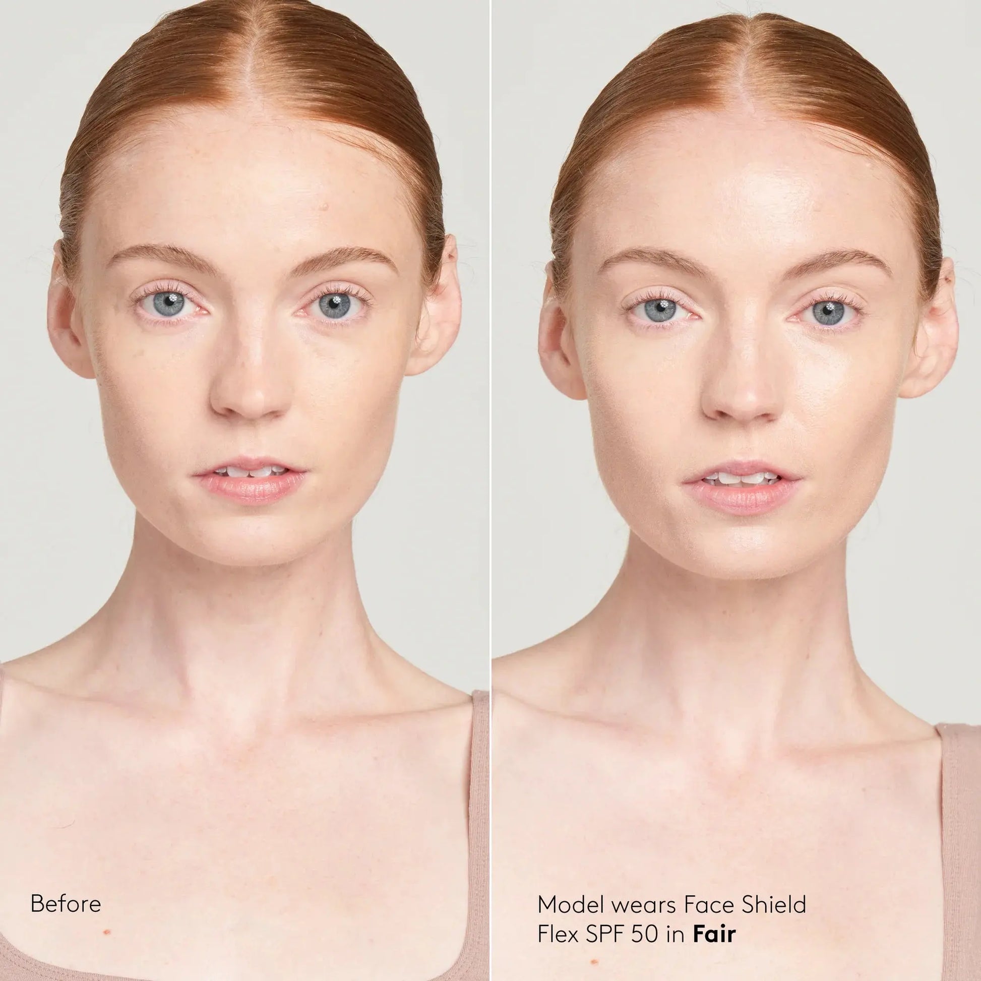 Before and after comparison of a model wearing a Face Shield Flex SPF 50 in Fair color.