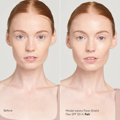Before and after comparison of a model wearing a Face Shield Flex SPF 50 in Fair color.