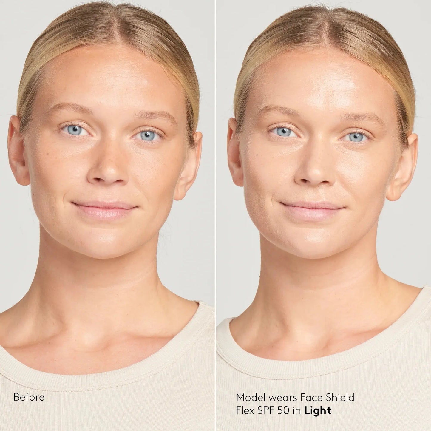 Before and after comparison of a model wearing a face shield with SPF 50 on a plain background.