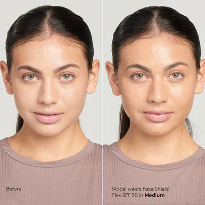 Before and after comparison of a woman wearing a face shield with SPF 50 on a plain background.