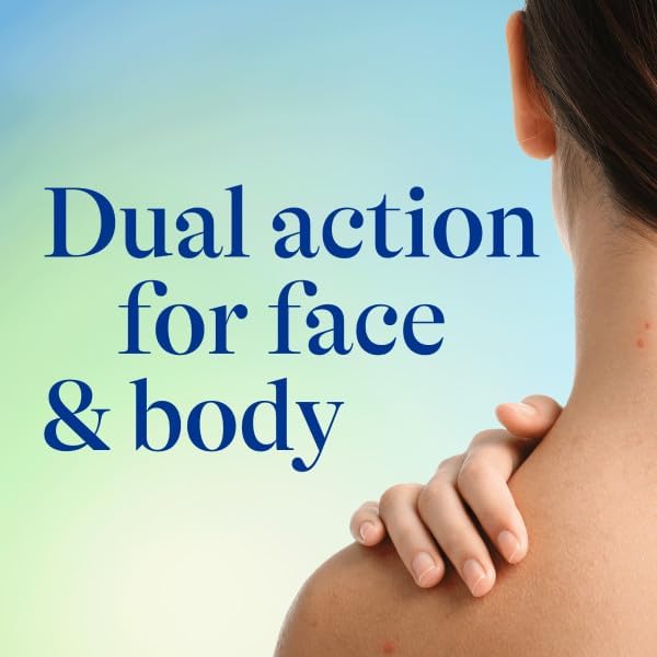 Person holding shoulder with text 'Dual action for face & body' on a gradient background