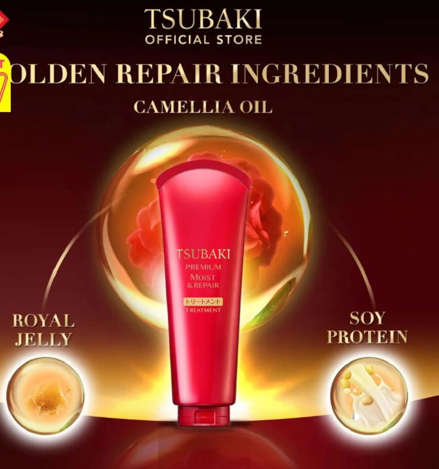 Tsubaki hair care product with ingredients like Camellia oil, Royal Jelly, and Soy Protein on a dark background.