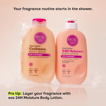 Two eos body wash and lotion bottles on a beige background with text about a fragrance routine.