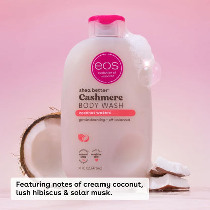 eos shea butter cashmere body wash bottle with pink cap on a pink background