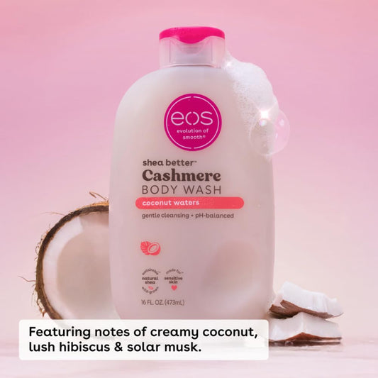 eos shea butter cashmere body wash bottle with pink cap on a pink background