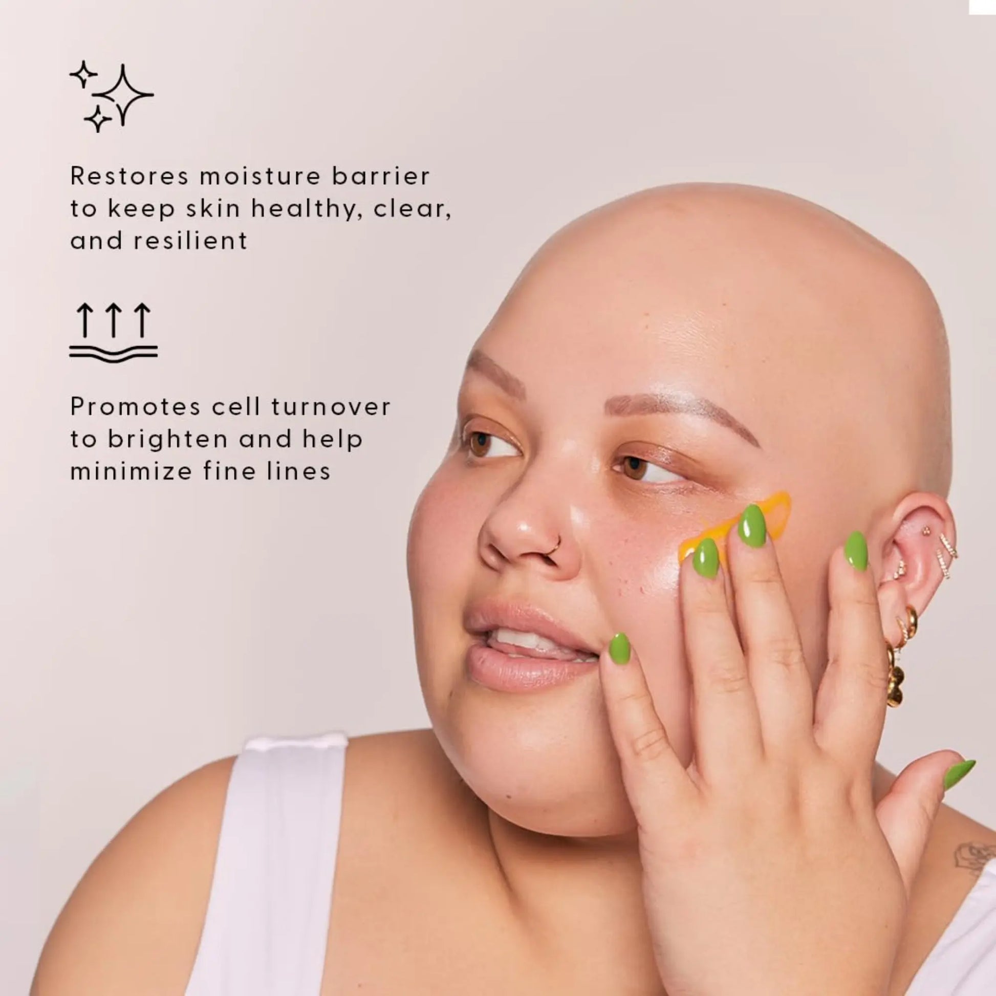 Woman applying skincare product with text about skin benefits on a light background