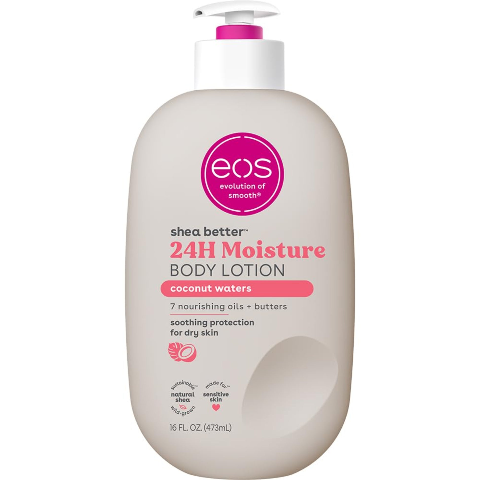 EOS shea butter 24H moisture body lotion bottle on a white background
