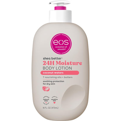 EOS shea butter 24H moisture body lotion bottle on a white background