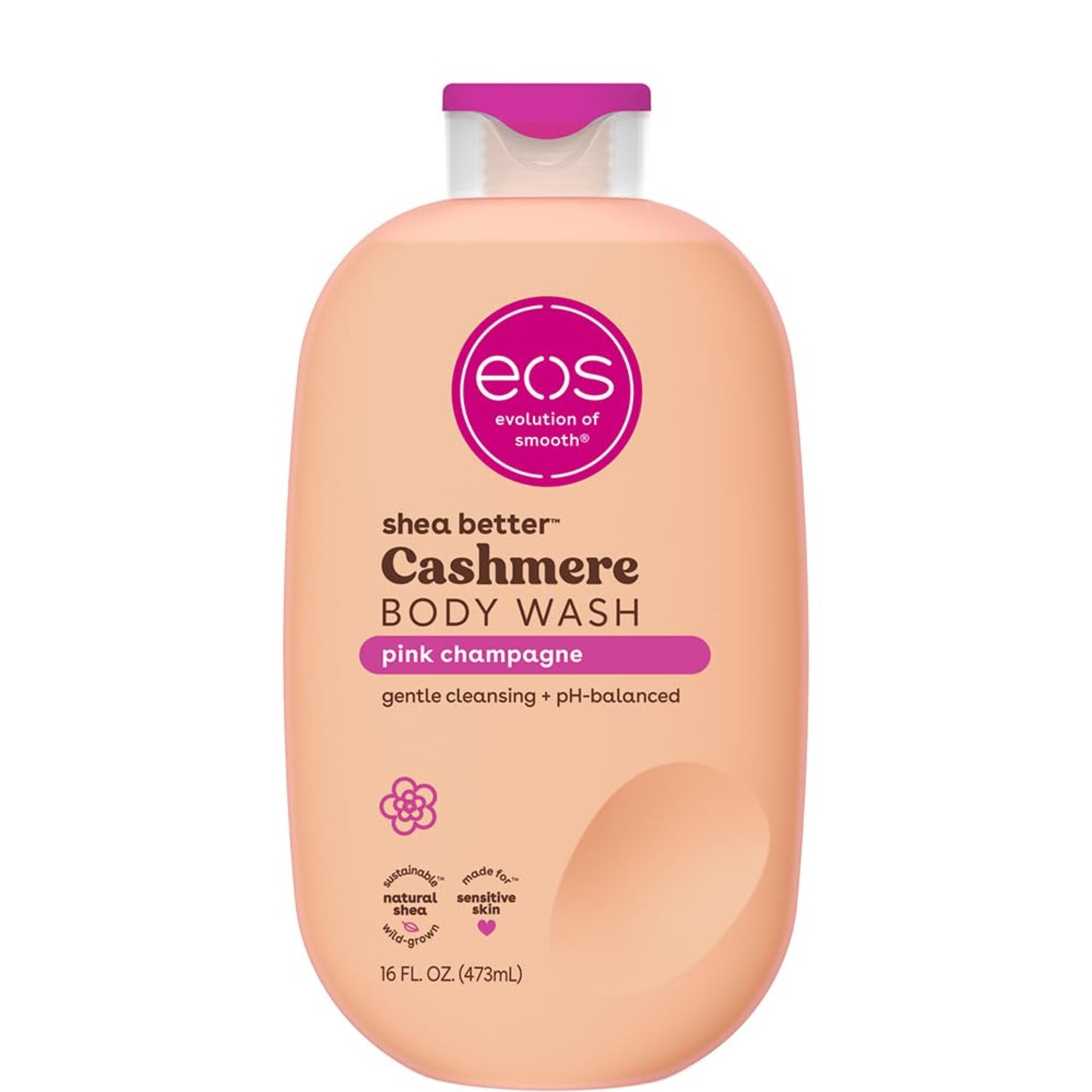  eos shea better Cashmere Body Wash bottle with pink cap on a white background