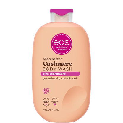  eos shea better Cashmere Body Wash bottle with pink cap on a white background