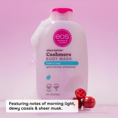 EOS Cashmere Body Wash bottle on a pink background with text about notes and ingredients.