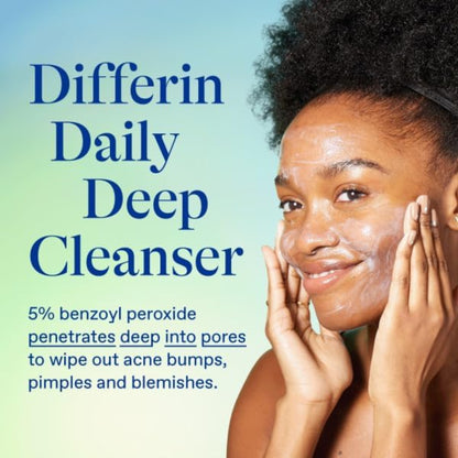Person applying Differin Daily Deep Cleanser with product name and benefits displayed.