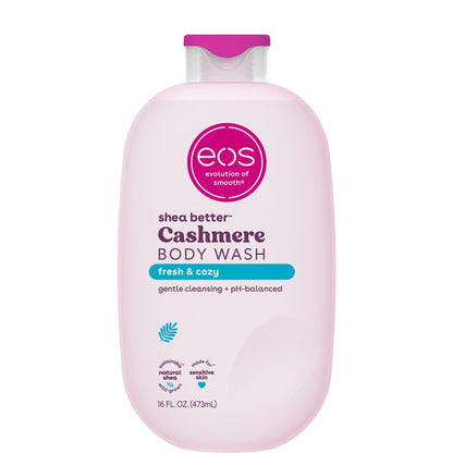 Pink bottle of eos Cashmere Body Wash on a white background