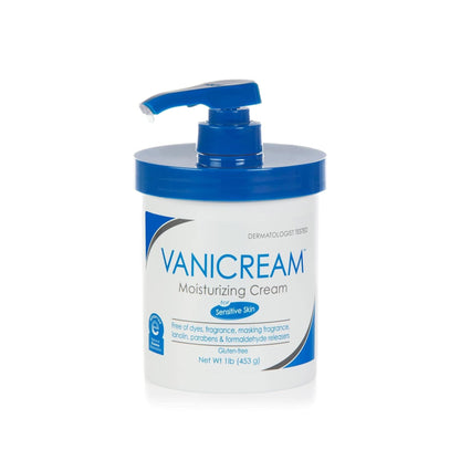 Vanicream moisturizing cream bottle with blue pump on a white background