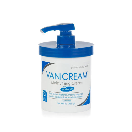 Vanicream moisturizing cream bottle with blue pump on a white background