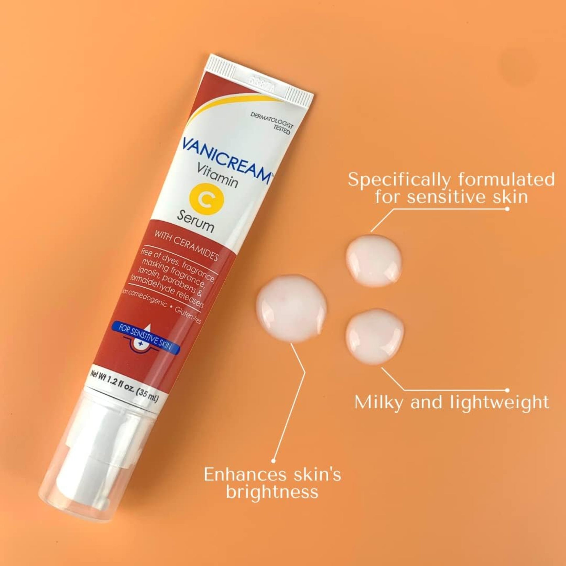Vanicream Vitamin C Serum tube on an orange background with product features highlighted.