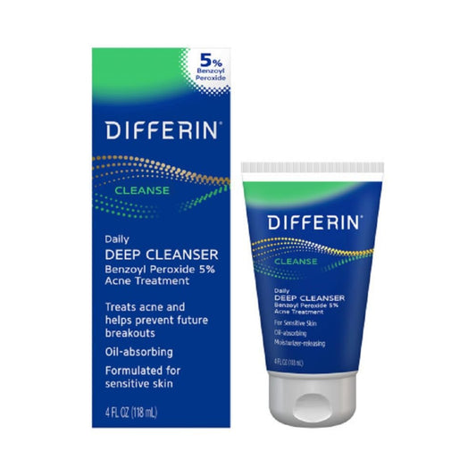 Packaging of DIFFERIN 5% Daily Deep Cleanser Benzoyl peroxide 5% Acne Treatment, with the product next to its box which is predominantly blue and green.