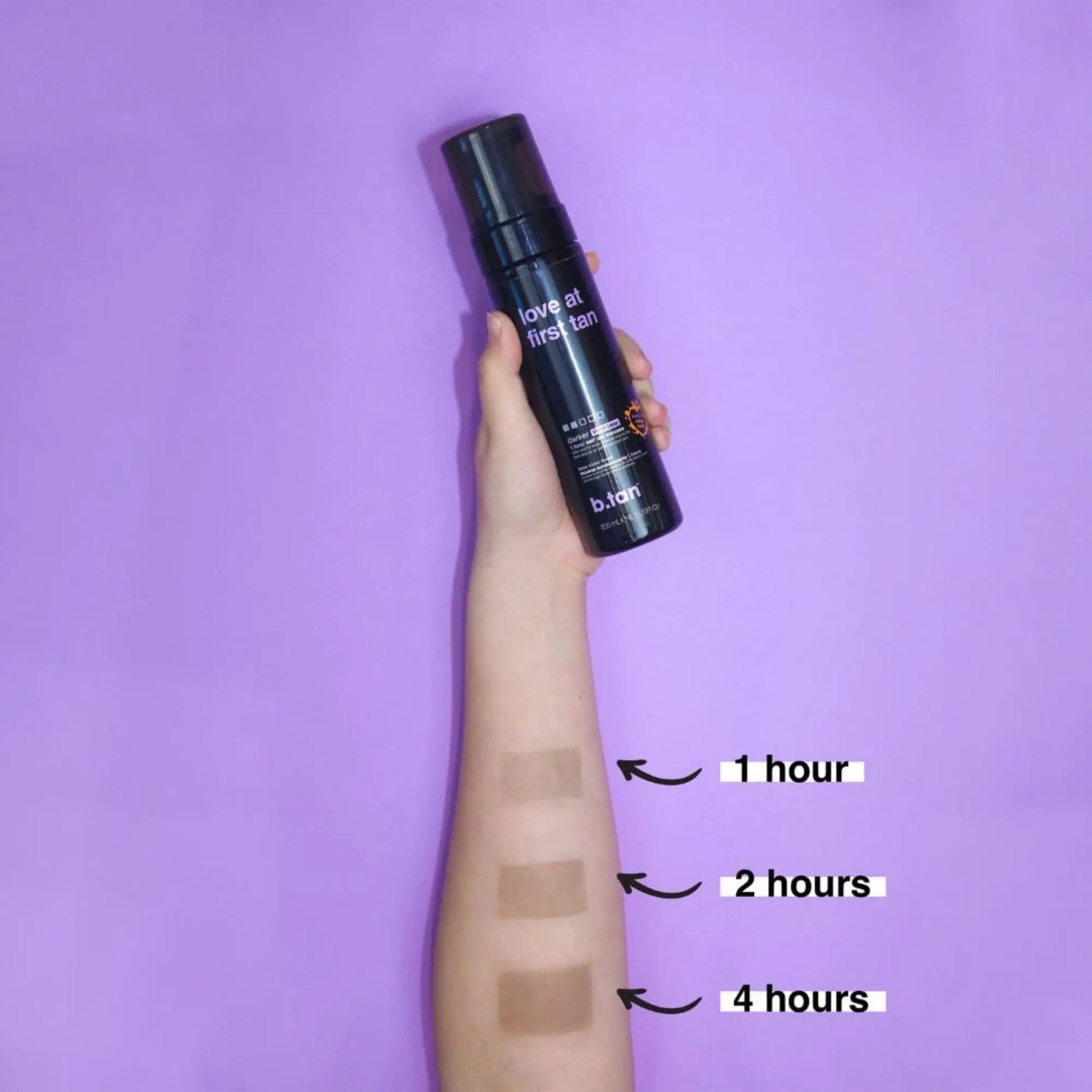 Hand holding a tan spray with arm swatches showing tan development over time on a purple background