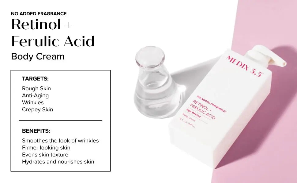 Retinol + Ferulic Acid body cream with product packaging on a pink background
