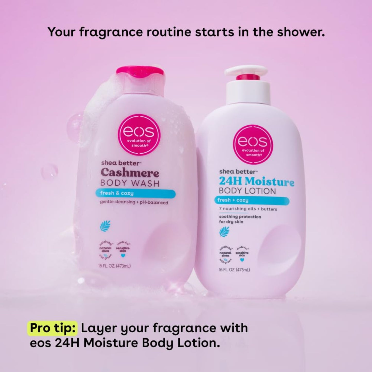 Two eos body products on a pink background with text about a fragrance routine.