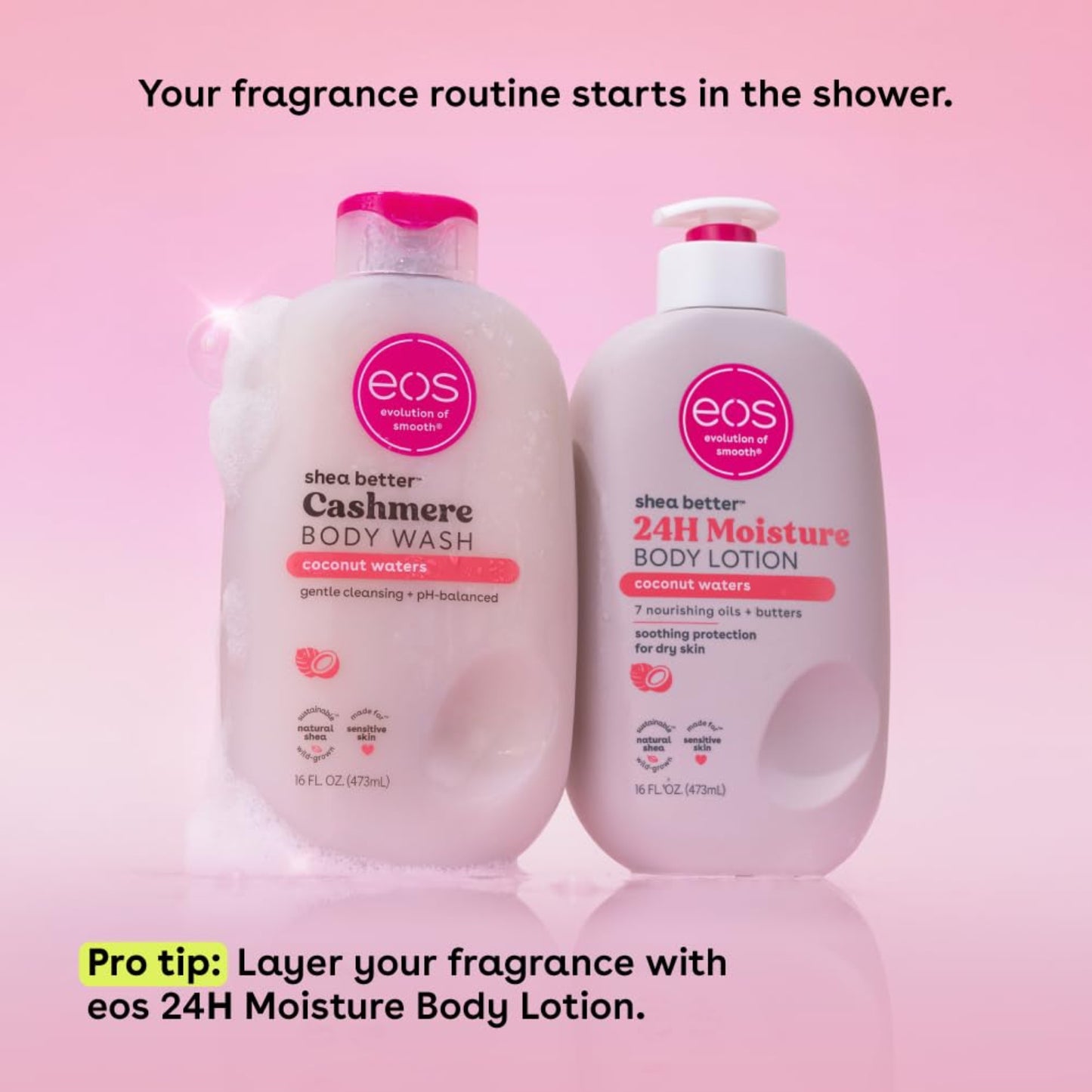 Two eos body wash and lotion bottles on a pink background with text about a fragrance routine.