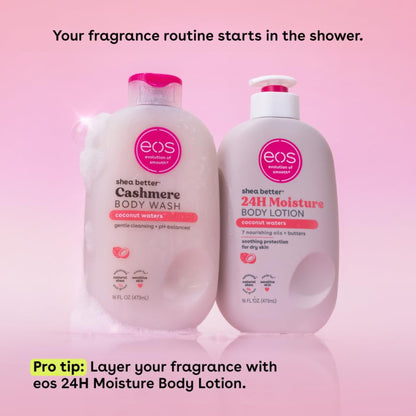 Two eos body wash and lotion bottles on a pink background with text about a fragrance routine.
