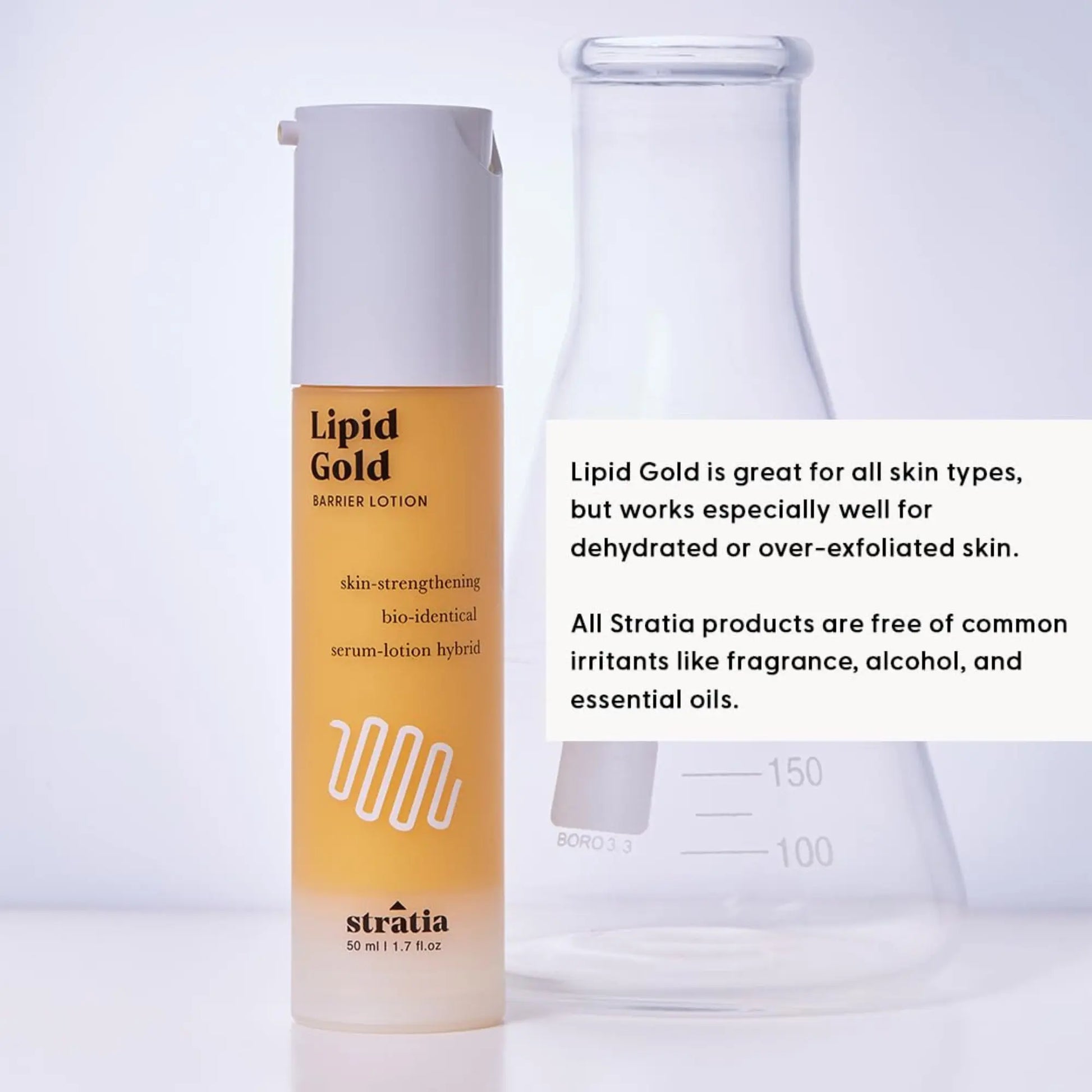 Lipid Gold barrier lotion bottle with product description text on a white background