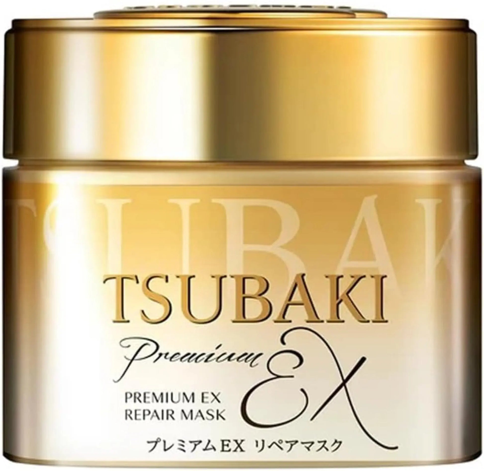 Gold container of Tsubaki Premium EX Repair Mask with Japanese text