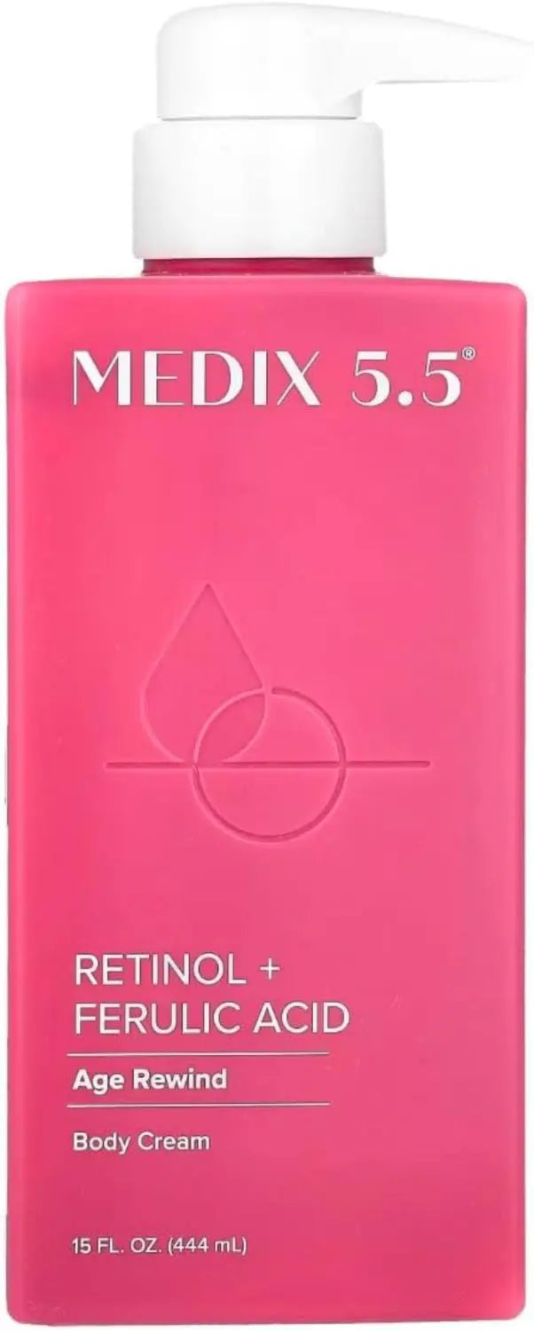 Pink bottle of Medix 5.5 body cream with pump on a white background