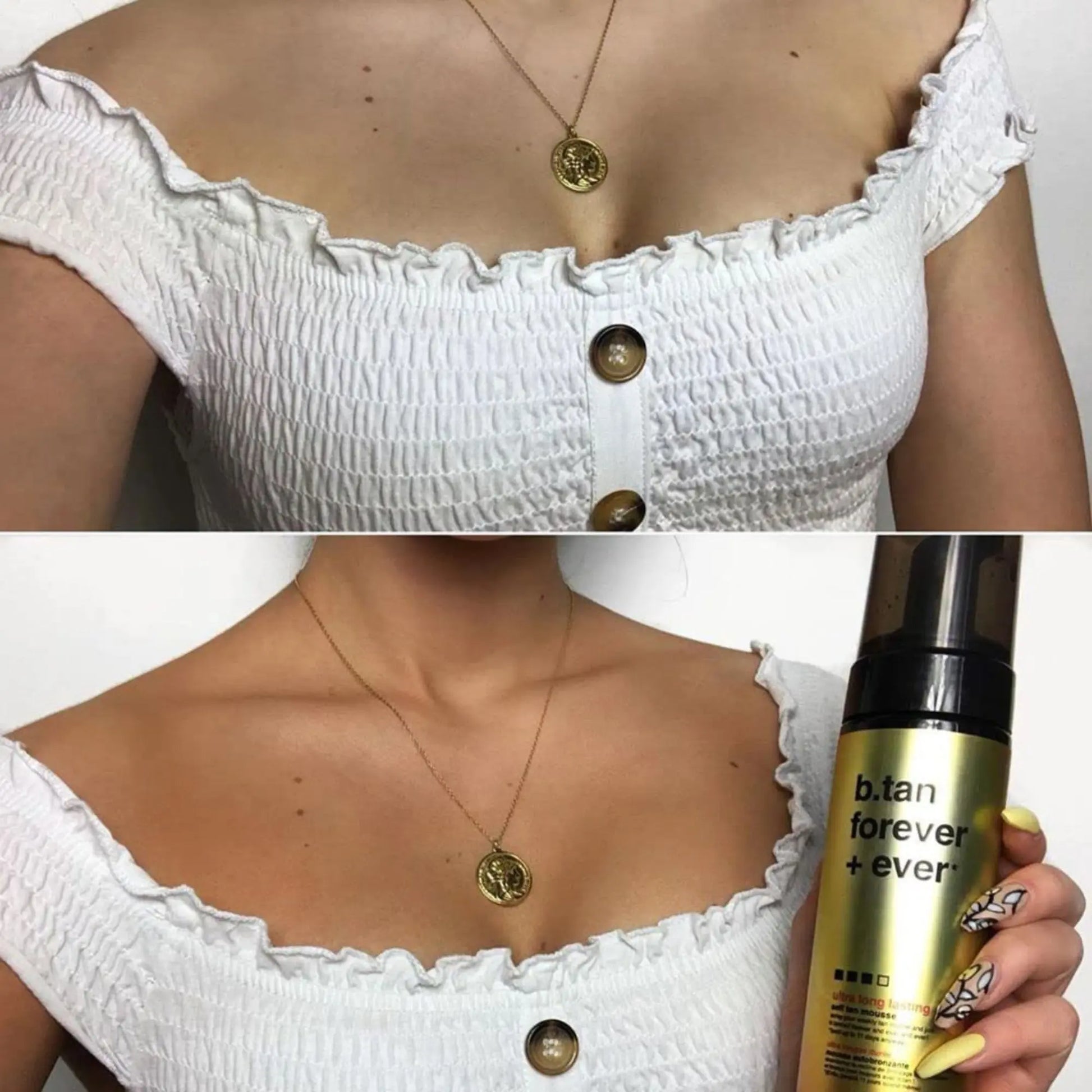 Gold necklace on a white top with a bottle labeled 'b.tan forever + ever' held by a hand.