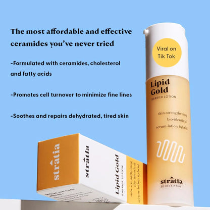 Stratia Lipid Gold barrier lotion with packaging on a blue background