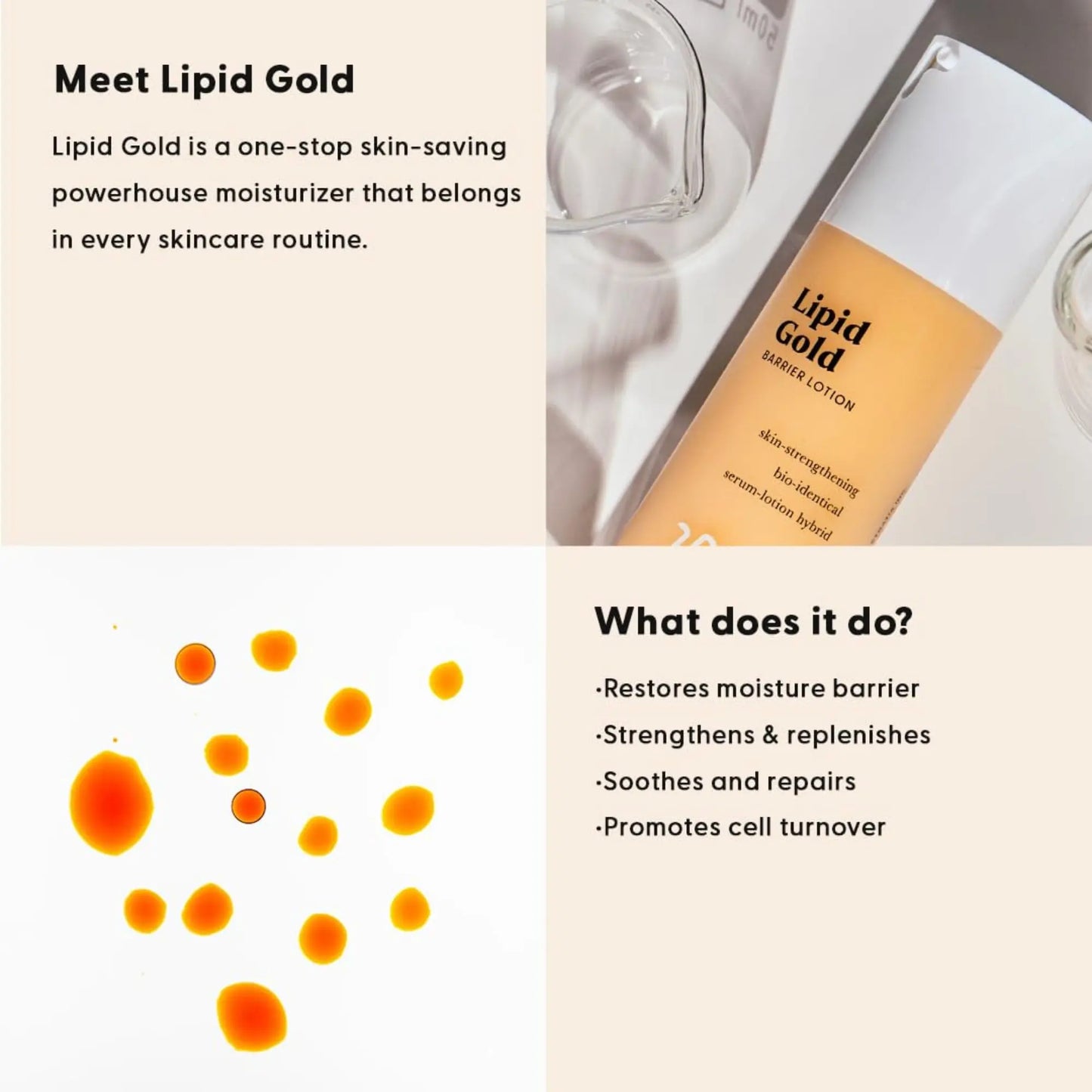Lipid Gold skincare product with text about its benefits on a beige background