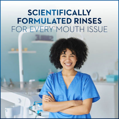 Person in blue scrubs standing in a dental office with text about scientifically formulated rinses.