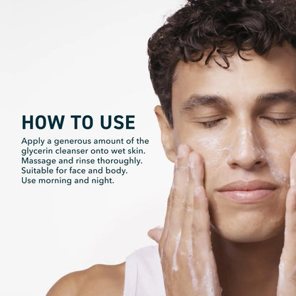 Man applying cleanser to his face with text on how to use a glycerin cleanser.