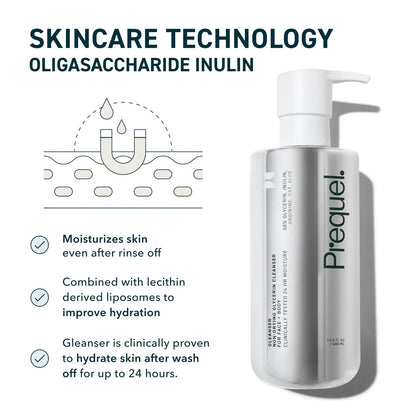 Prequel skincare cleanser bottle with oligasaccharide inulin technology description on a white background
