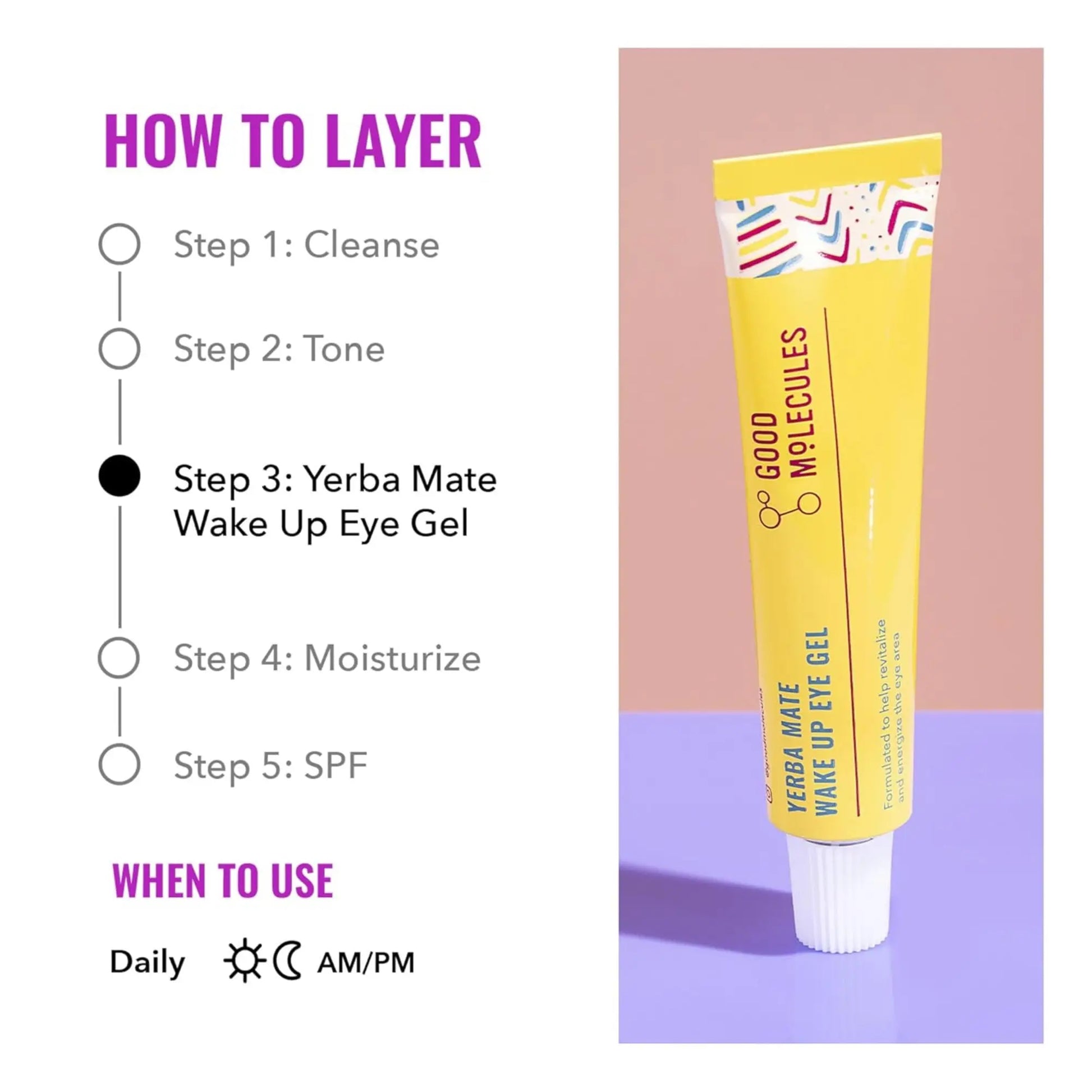Yerba Mate Wake Up Eye Gel tube with usage instructions on a gradient background