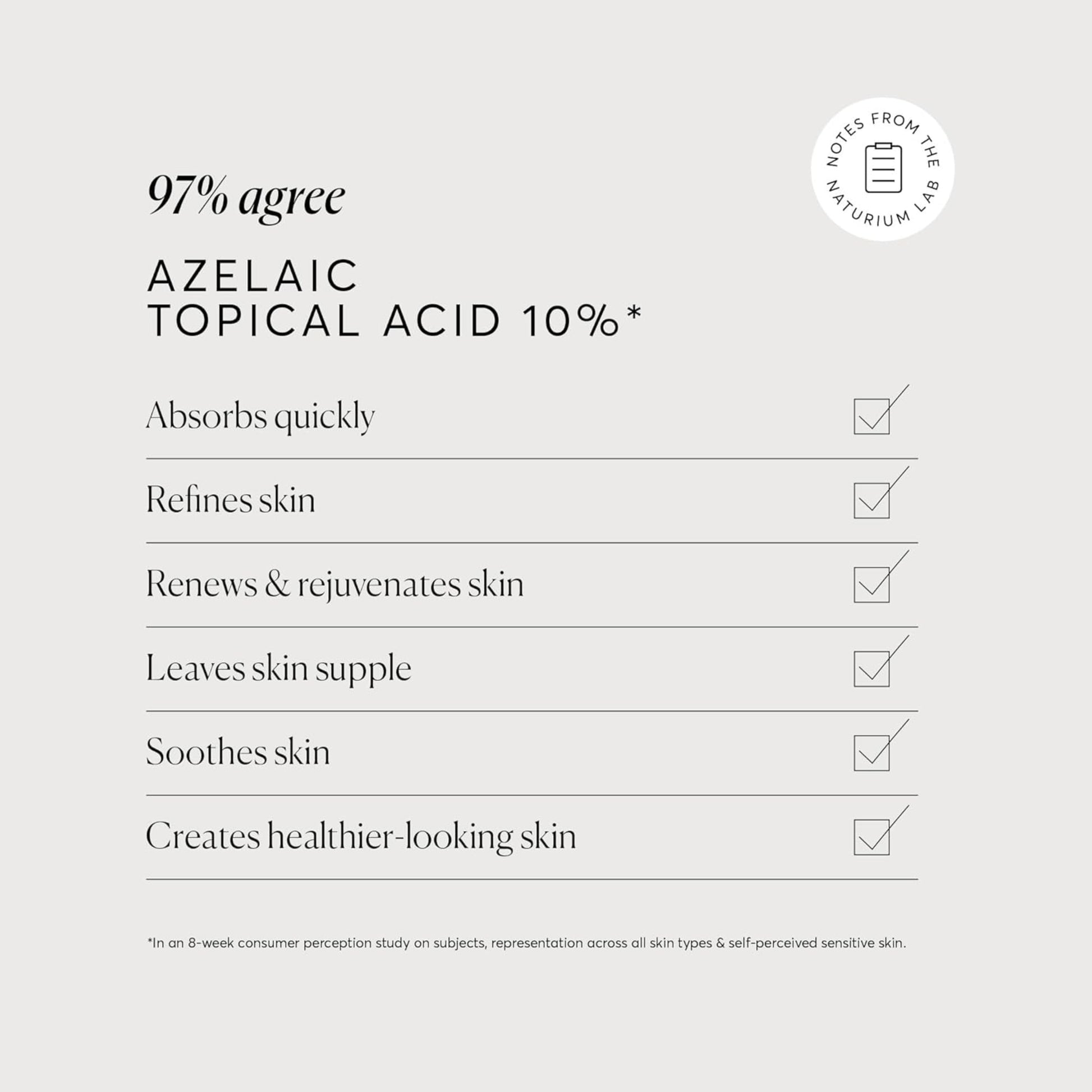 Product label for azelaic topical acid 10% with checkmarks and text on a light gray background.