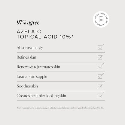 Product label for azelaic topical acid 10% with checkmarks and text on a light gray background.