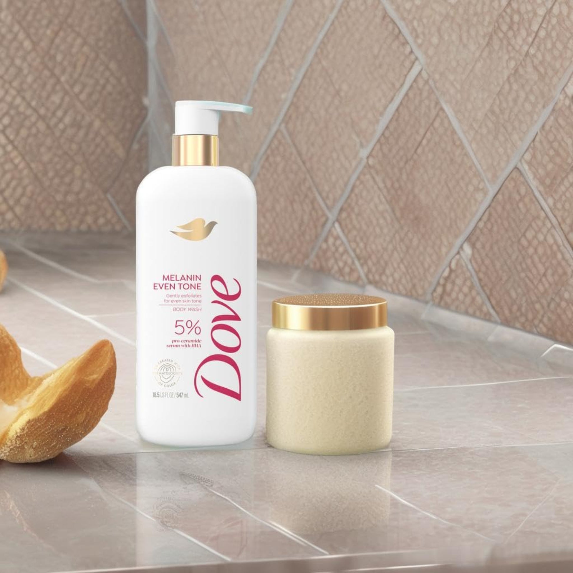 Dove melanin even tone product on a bathroom counter with a tiled wall background
