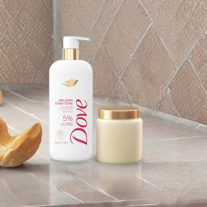 Dove melanin even tone product on a bathroom counter with a tiled wall background
