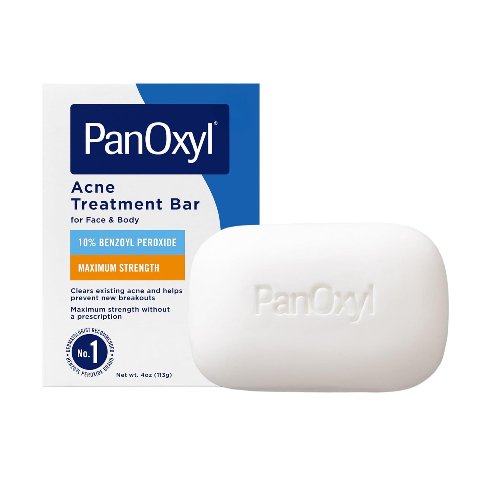 PanOxyl acne treatment bar with packaging on a white background