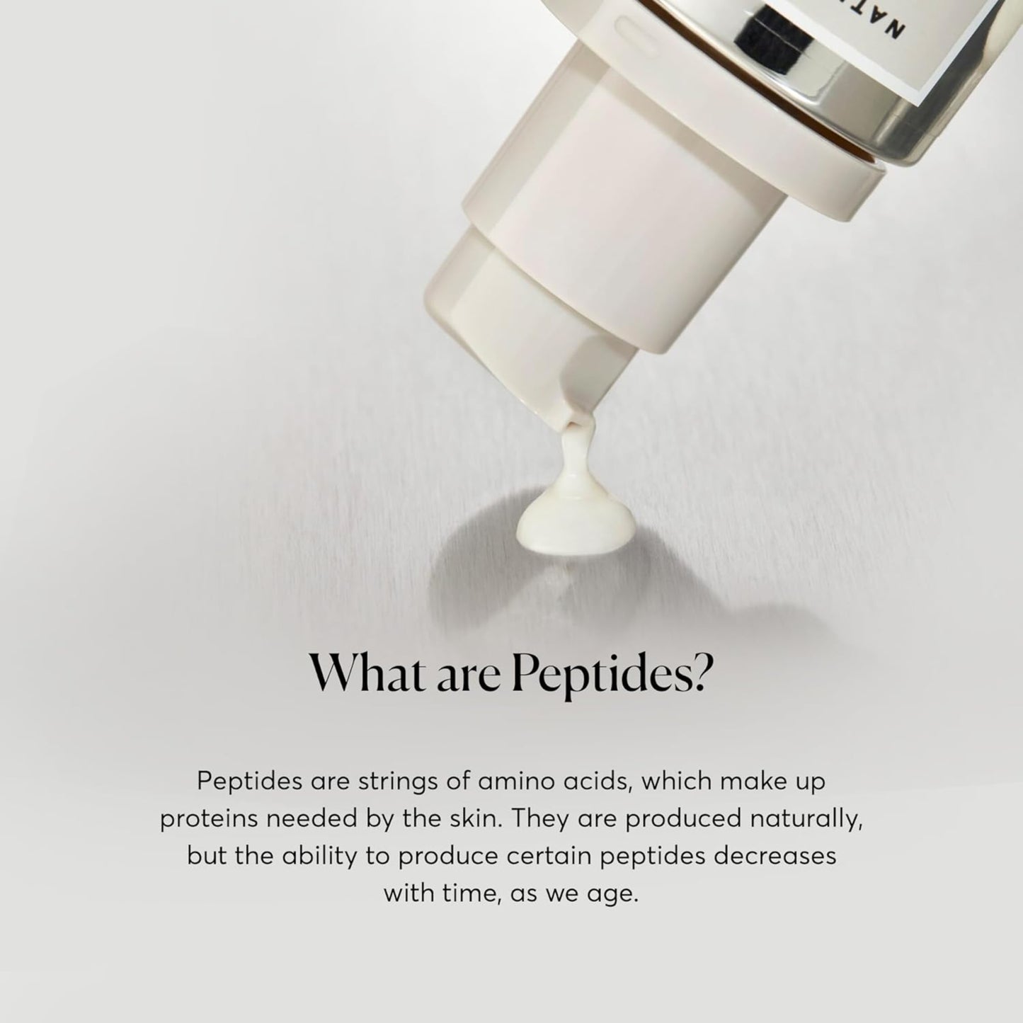 naturium skincare product with a droplet on a light gray background, featuring text about peptides.
