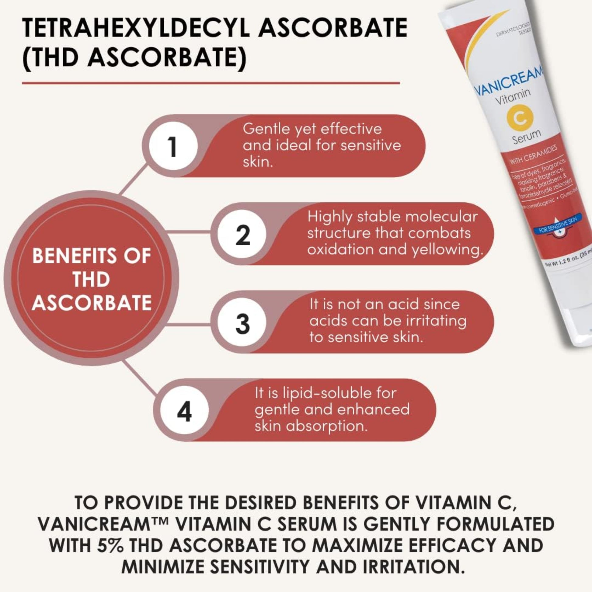 Vanicream Vitamin C Serum with benefits of THD Ascorbate on a white background