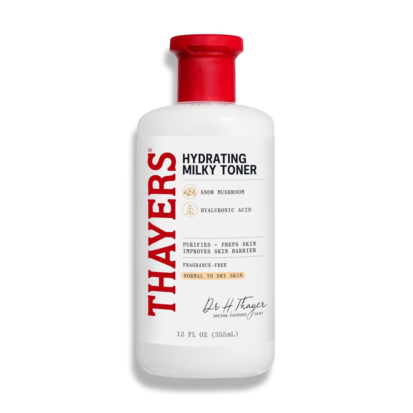 Thayer's Hydrating Milky Toner bottle with red cap on a white background