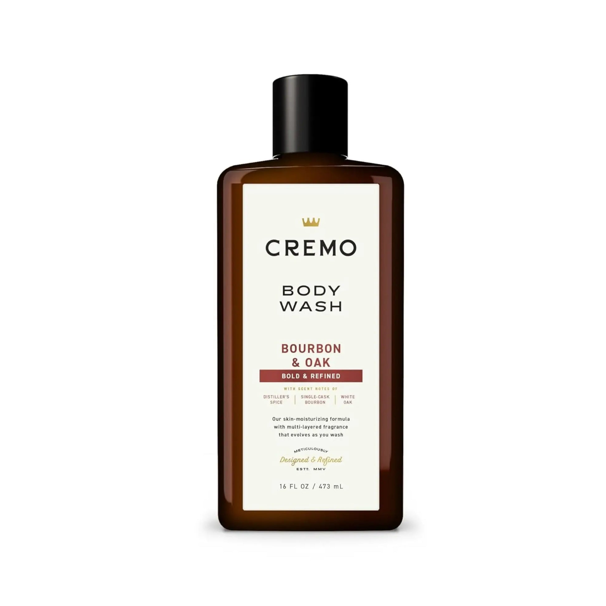 Cremo Bourbon & Oak body wash bottle on a white background