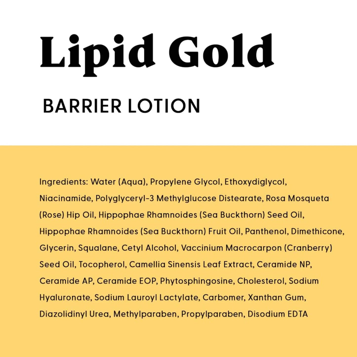 Lipid Gold Barrier Lotion label with ingredient list on a white background