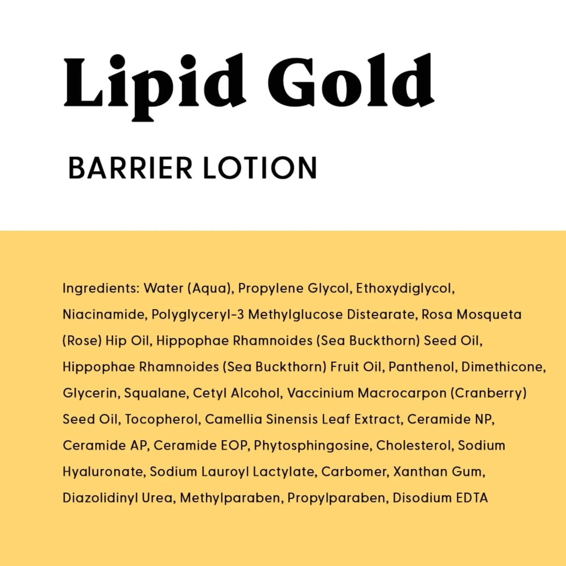 Lipid Gold Barrier Lotion label with ingredient list on a white background